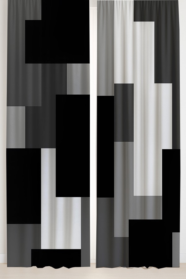 Siyah Gri Blok Geometrik Desenli Çift Kanatlı Fon Perde Süet Oturma Odası Salon Mutfak 140x260cm