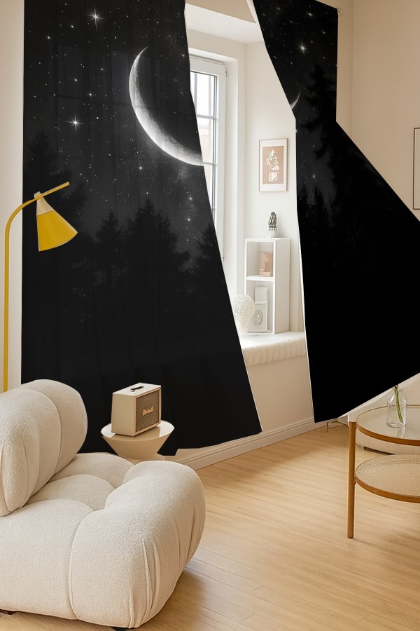 Gece Manzaralı Ay ve Yıldız Desenli Çift Kanatlı Tül Perde Oturma Odası Salon Mutfak 140x260cm