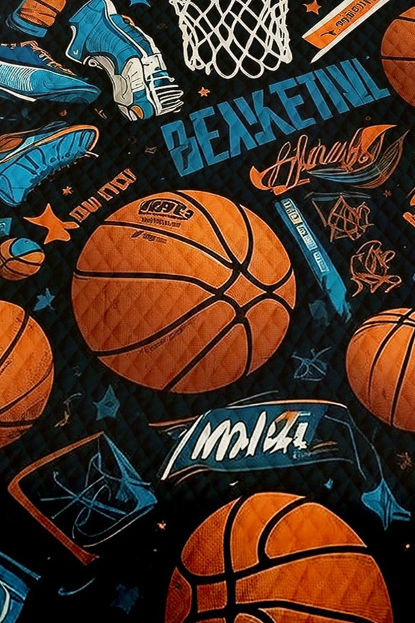 Basketbol Topları Desenli Erkek Çocuk Tek Kişilik Pike Takımı Kapitoneli Yatak Örtüsü