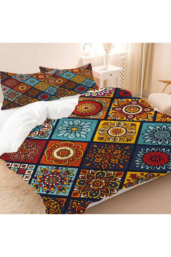 Renkli Karolar Etnik Desenli Pamuk Saten Çift Kişilik Nevresim Takımı 200x220cm Renkli Karolar Etnik Desenli Pamuk Saten Çift Kişilik Nevresim Takımı 200x220cm