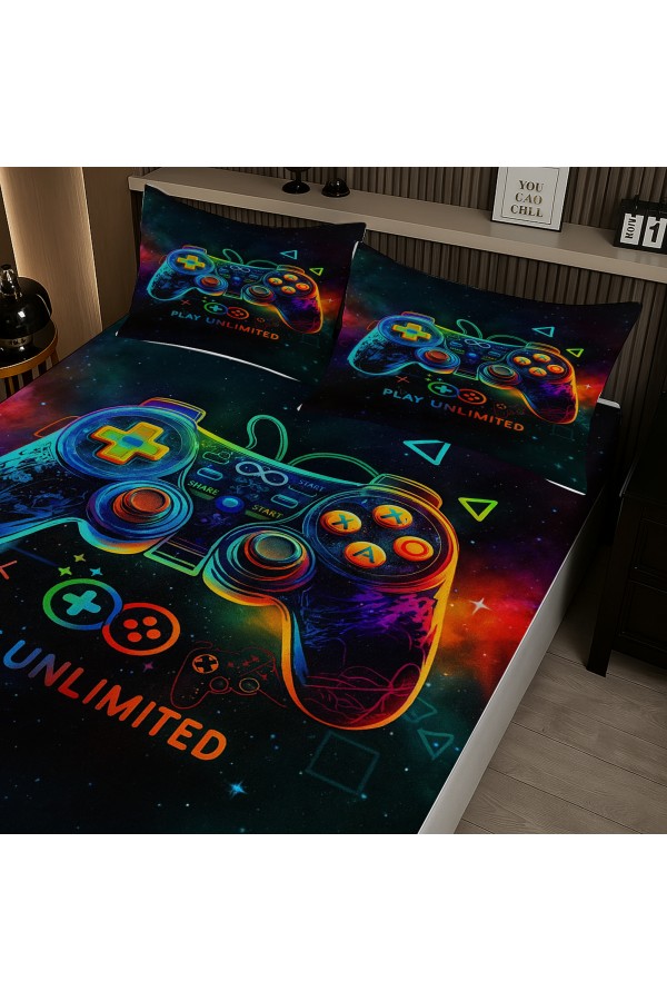 Oyun Konsol Joystick Gamer Desenli Lastikli Çift Kişilik Çarşaf Takımı Yastık Kılıflı 160x200cm