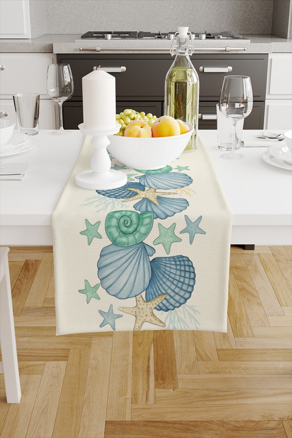 Mavi Deniz Kabukları Desenli Dijital Baskı Yıkanabilir Dekoratif Runner 40x140cm Mavi Deniz Kabukları Desenli Dijital Baskı Yıkanabilir Dekoratif Runner 40x140cm
