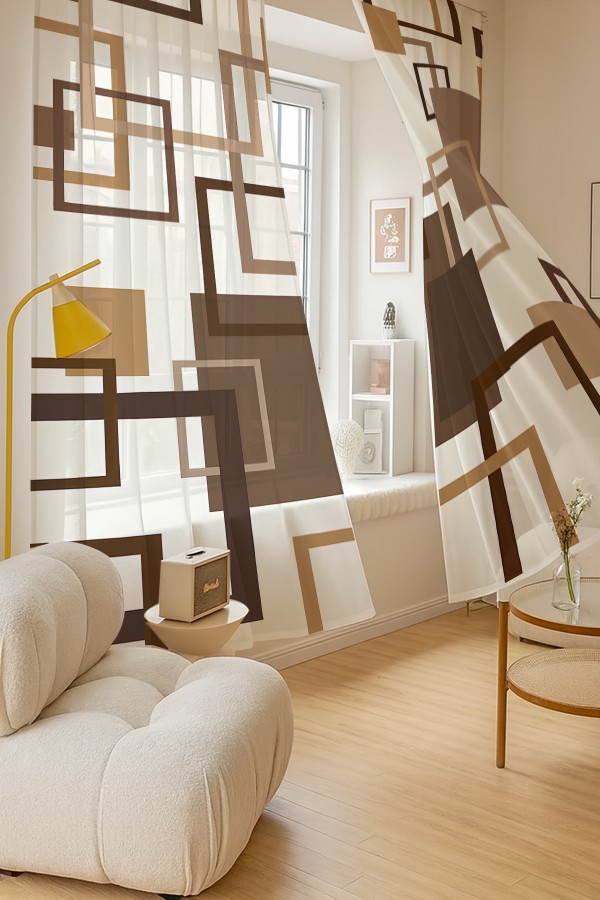 Kahverengi Geometrik Kare Desenli Çift Kanatlı Tül Perde Oturma Odası Salon Mutfak 140x260cm