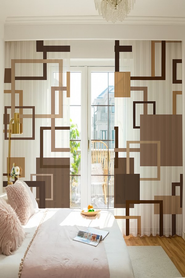 Kahverengi Geometrik Kare Desenli Çift Kanatlı Tül Perde Oturma Odası Salon Mutfak 140x260cm