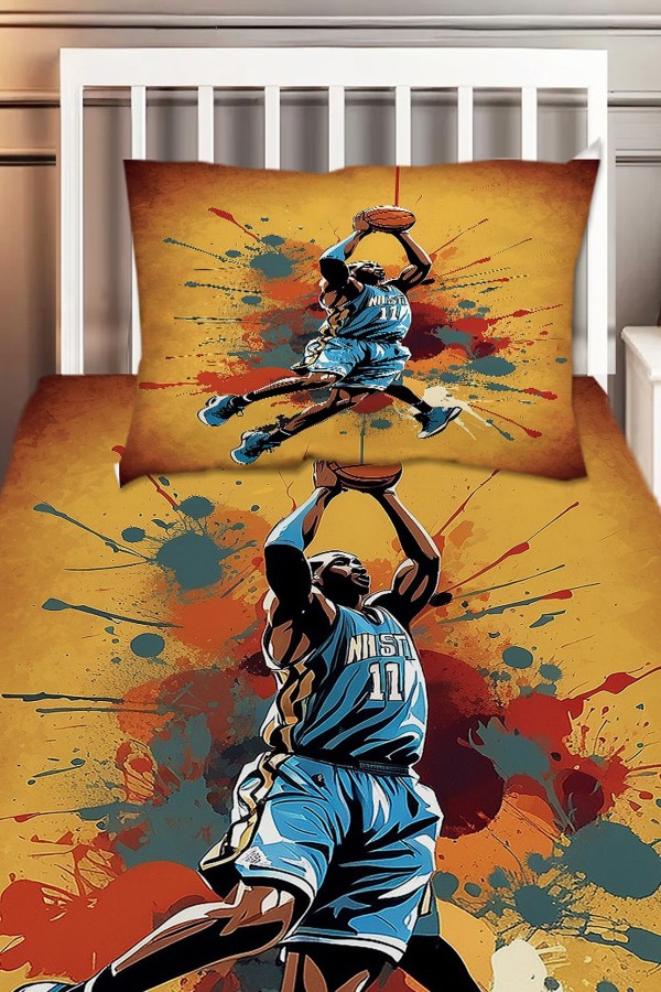 Basketbol Oyuncu Desenli Erkek Çocuk Tek Kişilik Dekoratif Yatak Örtüsü Yastık Kılıflı Basketbol Oyuncu Desenli Erkek Çocuk Tek Kişilik Dekoratif Yatak Örtüsü Yastık Kılıflı