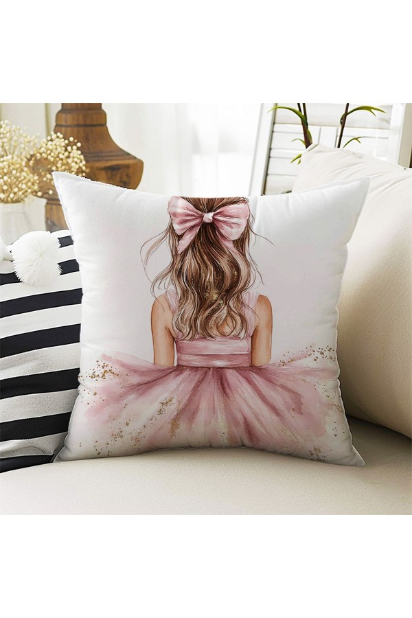 Pembe Fiyonklu Sarı Kız Desenli ÇocukDekoratif Çift Taraflı Kırlent Kılıfı 43x43cm Pembe Fiyonklu Sarı Kız Desenli ÇocukDekoratif Çift Taraflı Kırlent Kılıfı 43x43cm