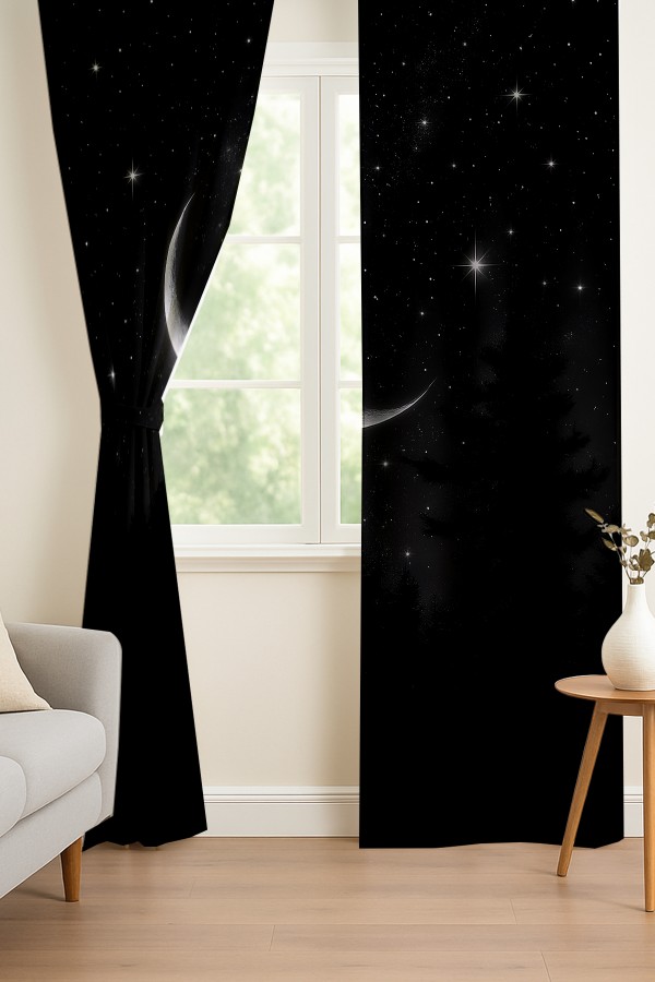 Gece Manzaralı Ay ve Yıldız Desenli Çift Kanatlı Fon Perde Süet Oturma Odası Salon Mutfak 140x260cm