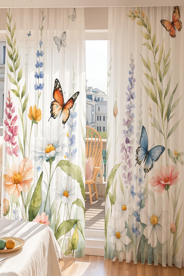Çiçekler Kelebek Desenli Çift Kanatlı Tül Perde Oturma Odası Salon Mutfak 140x260cm