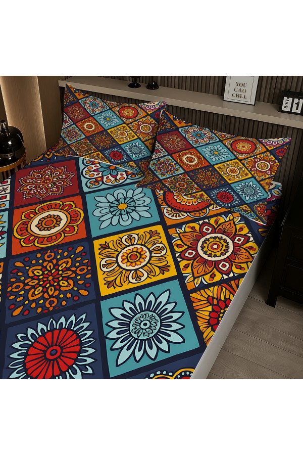 Renkli Karolar Etnik Desenli Lastikli Çift Kişilik Çarşaf Takımı Yastık Kılıflı 160x200cm Renkli Karolar Etnik Desenli Lastikli Çift Kişilik Çarşaf Takımı Yastık Kılıflı 160x200cm