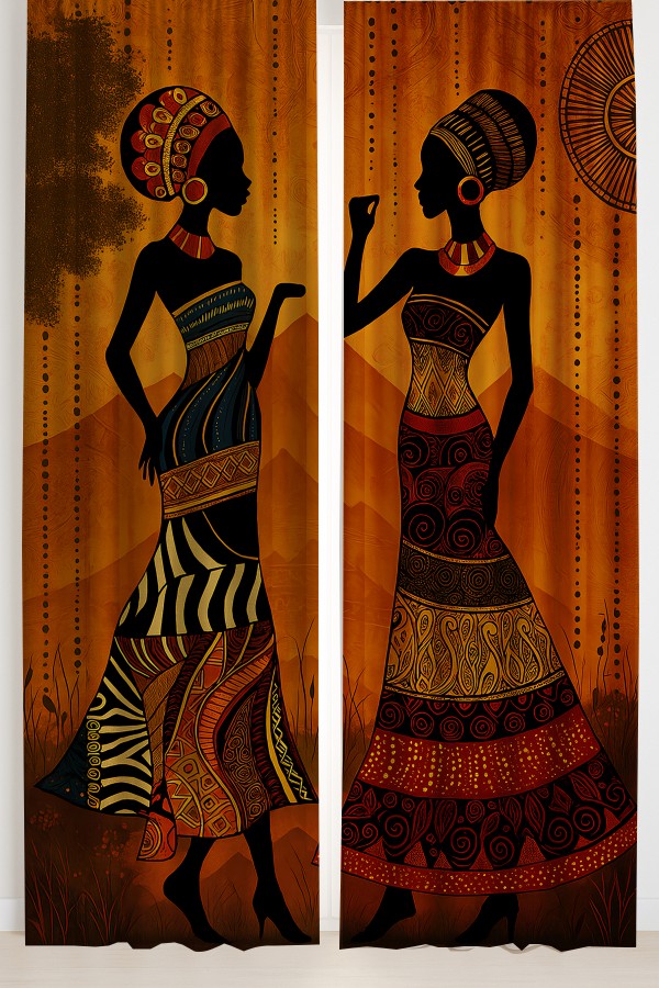 Afrika Etnik Kadın Desenli Çift Kanatlı Fon Perde Süet Oturma Odası Salon Mutfak 140x260cm
