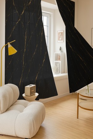 Sarı Siyah Mermer Desenli Çift Kanatlı Tül Perde Oturma Odası Salon Mutfak 140x260cm Sarı Siyah Mermer Desenli Çift Kanatlı Tül Perde Oturma Odası Salon Mutfak 140x260cm