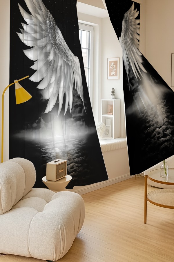 Melek Kanadı Siyah Beyaz Desenli Çift Kanatlı Tül Perde Oturma Odası Salon Mutfak 140x260cm Melek Kanadı Siyah Beyaz Desenli Çift Kanatlı Tül Perde Oturma Odası Salon Mutfak 140x260cm