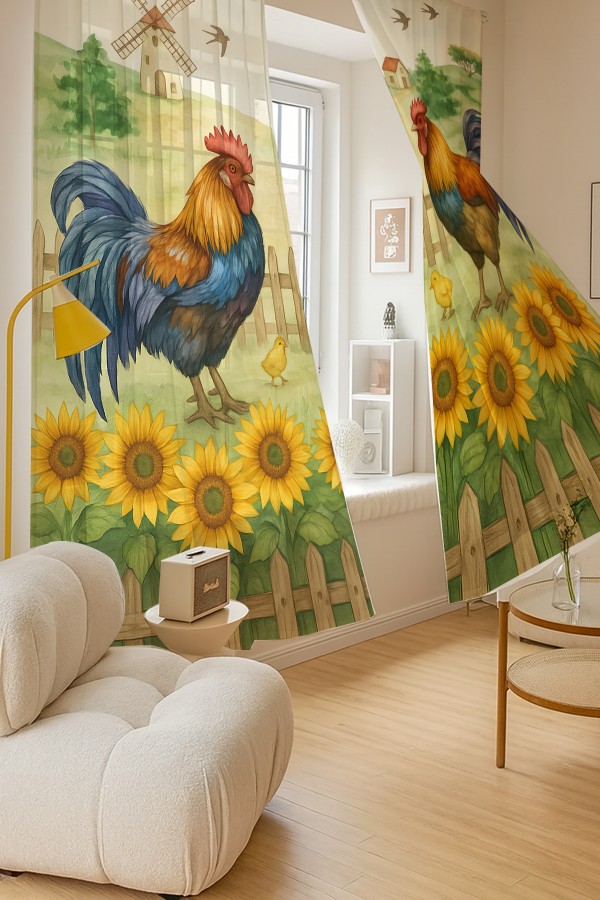 Horoz Çiftlik Desenli Çift Kanatlı Tül Perde Oturma Odası Salon Mutfak 140x260cm