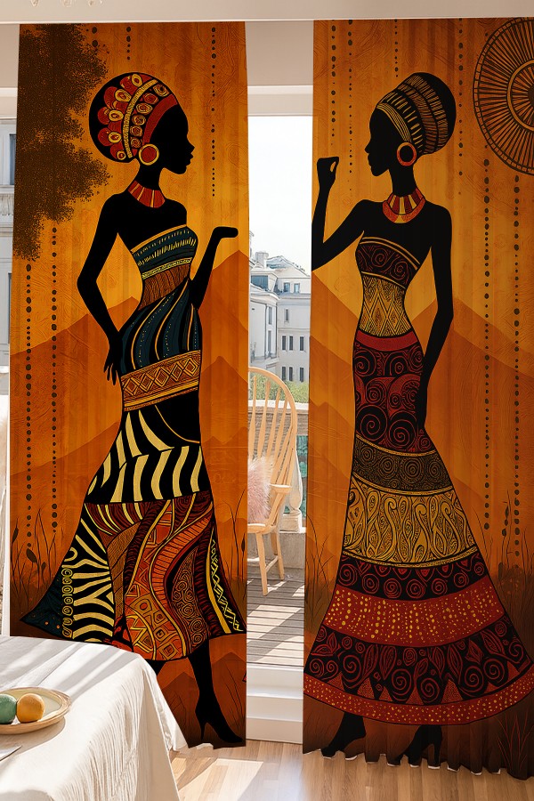 Afrika Etnik Kadın Desenli Çift Kanatlı Tül Perde Oturma Odası Salon Mutfak 140x260cm Afrika Etnik Kadın Desenli Çift Kanatlı Tül Perde Oturma Odası Salon Mutfak 140x260cm