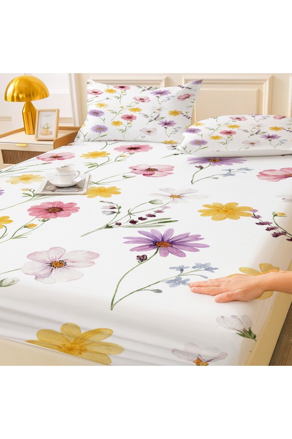 Renkli Bahar Çiçekleri Desenli Lastikli Çift Kişilik Çarşaf Takımı Yastık Kılıflı 160x200cm