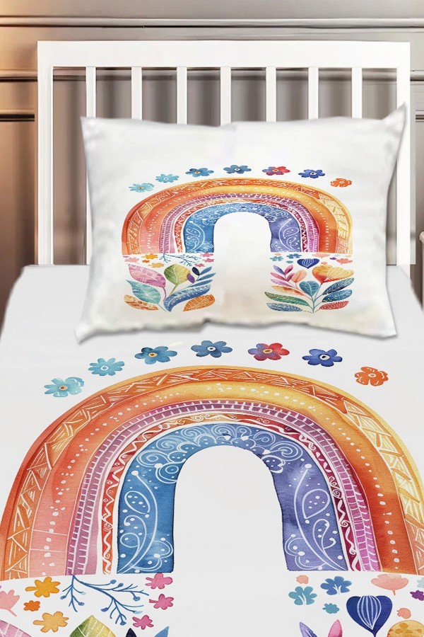 Boho Gökkuşağı Sulu boya Desenli Kız Çocuk Tek Kişilik Dekoratif Yatak Örtüsü Yastık Kılıflı Boho Gökkuşağı Sulu boya Desenli Kız Çocuk Tek Kişilik Dekoratif Yatak Örtüsü Yastık Kılıflı