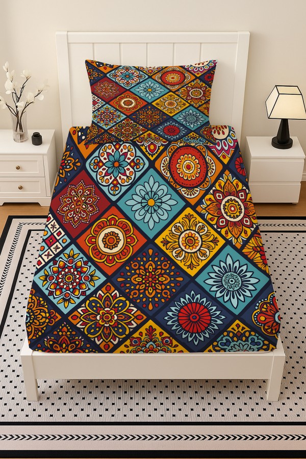 Renkli Karolar Etnik Desenli Lastikli Tek Kişilik Çarşaf Takımı Yastık Kılıflı 100x200cm Renkli Karolar Etnik Desenli Lastikli Tek Kişilik Çarşaf Takımı Yastık Kılıflı 100x200cm