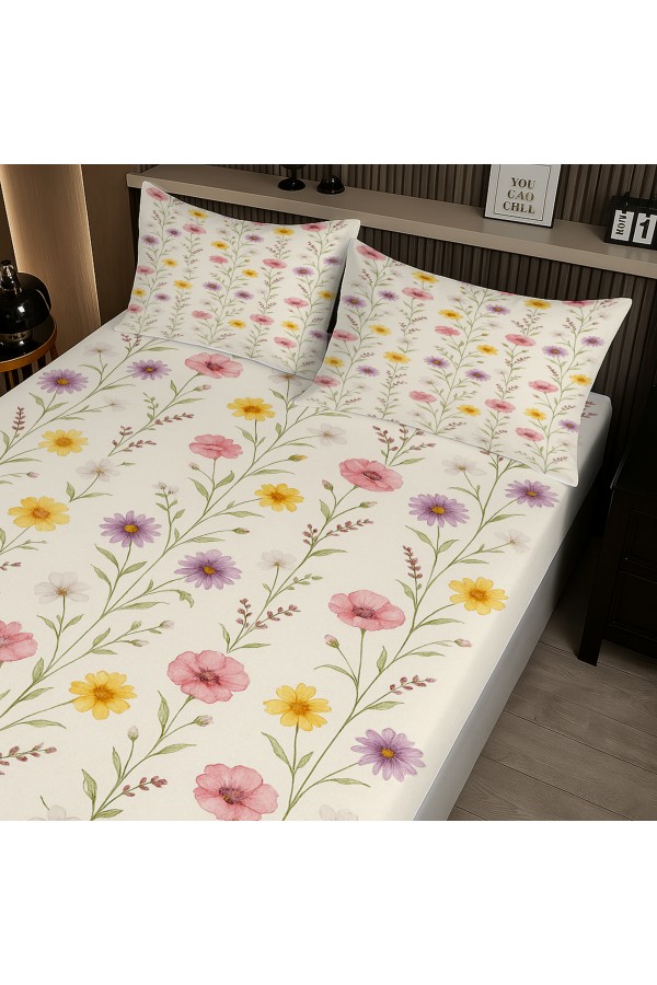 Renkli Çiçekler Desenli Lastikli Çift Kişilik Çarşaf Takımı Yastık Kılıflı 160x200cm
