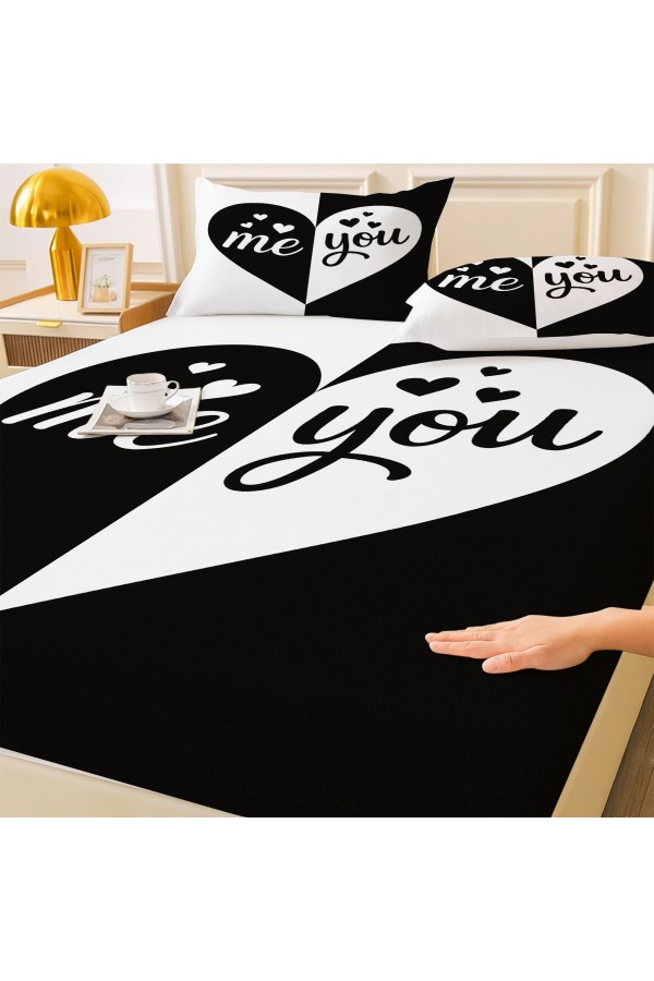 Siyah Beyaz Kalpli Desenli Lastikli Çift Kişilik Çarşaf Takımı Yastık Kılıflı 160x200cm