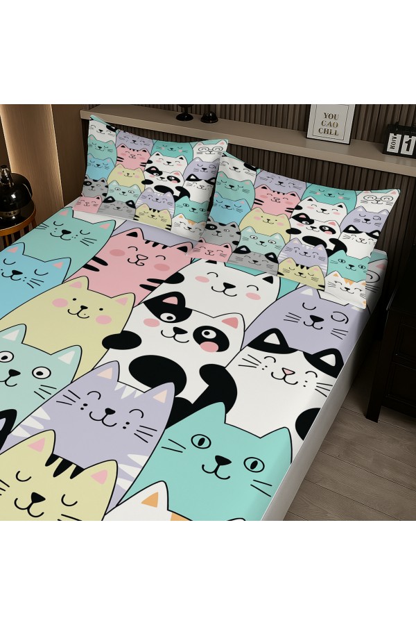 Renkli Kediler Desenli Lastikli Çift Kişilik Çarşaf Takımı Yastık Kılıflı 160x200cm