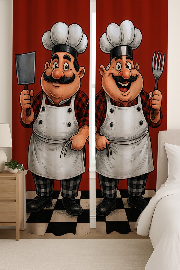 Ahçılar Desenli Çift Kanatlı Fon Perde Süet Oturma Odası Salon Mutfak 140x260cm