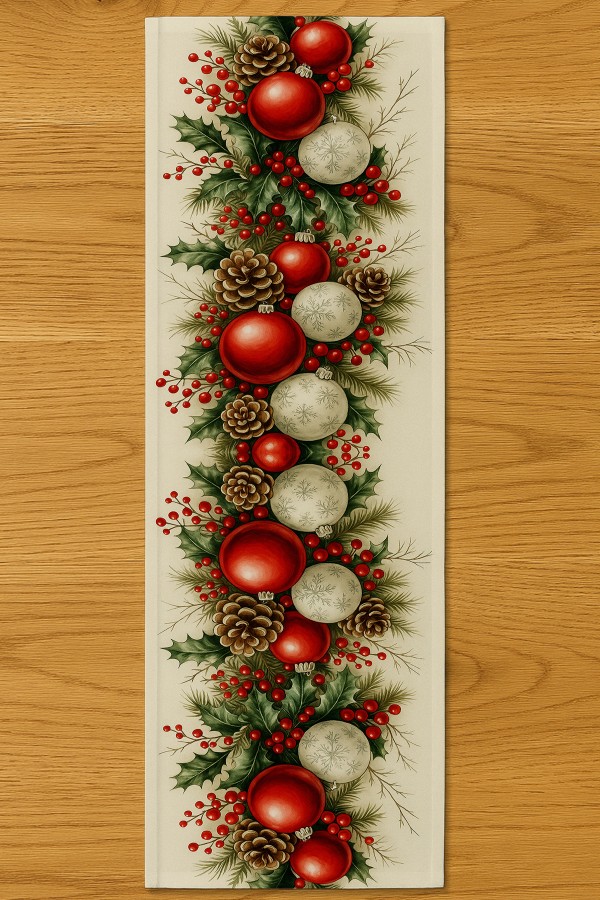 Yılbaşı Ağaç Süsleri Desenli Dijital Baskı Yıkanabilir Dekoratif Runner 40x140cm Yılbaşı Ağaç Süsleri Desenli Dijital Baskı Yıkanabilir Dekoratif Runner 40x140cm