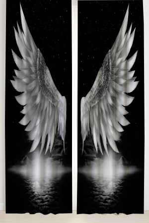 Melek Kanadı Siyah Beyaz Desenli Çift Kanatlı Fon Perde Süet Oturma Odası Salon Mutfak 140x260cm Melek Kanadı Siyah Beyaz Desenli Çift Kanatlı Fon Perde Süet Oturma Odası Salon Mutfak 140x260cm