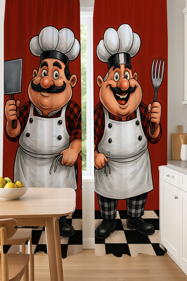 Ahçılar Desenli Çift Kanatlı Fon Perde Süet Oturma Odası Salon Mutfak 140x260cm