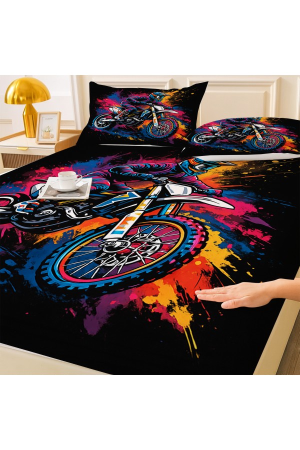 Renkli Motorcu Desenli Lastikli Çift Kişilik Çarşaf Takımı Yastık Kılıflı 160x200cm Renkli Motorcu Desenli Lastikli Çift Kişilik Çarşaf Takımı Yastık Kılıflı 160x200cm