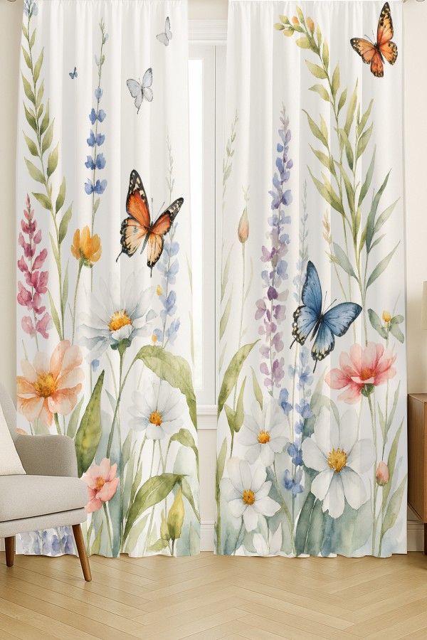 Çiçekler Kelebek Desenli Çift Kanatlı Fon Perde Süet Oturma Odası Salon Mutfak 140x260cm
