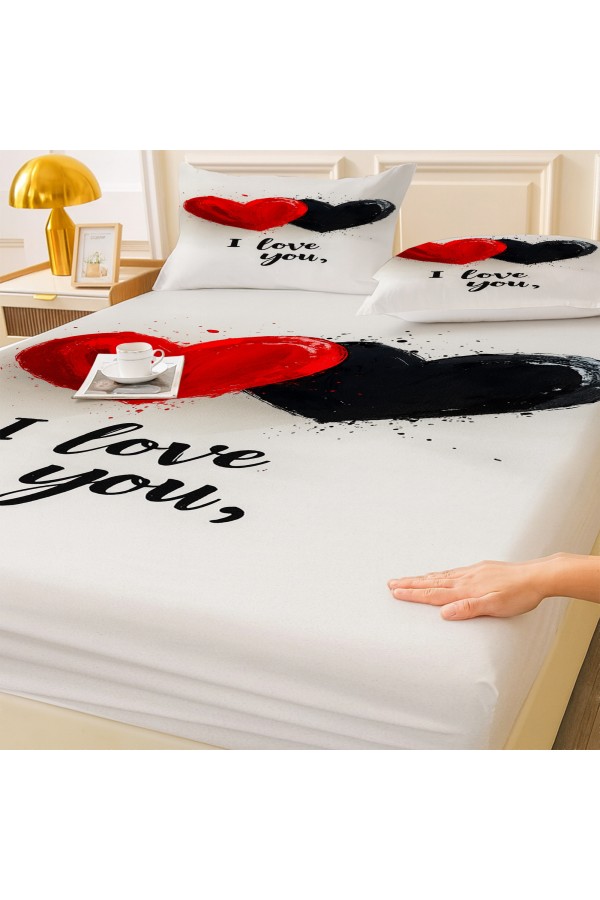 Love You Kalpler Desenli Lastikli Çift Kişilik Çarşaf Takımı Yastık Kılıflı 160x200cm