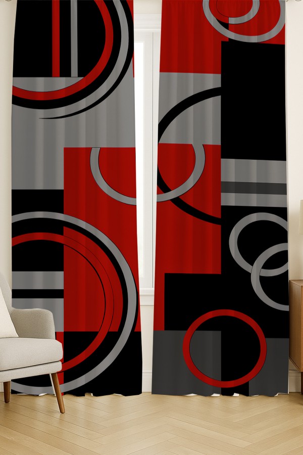 Kırmızı Siyah Gri Geometrik Desenli Çift Kanatlı Fon Perde Süet Oturma Odası Salon Mutfak 140x260cm