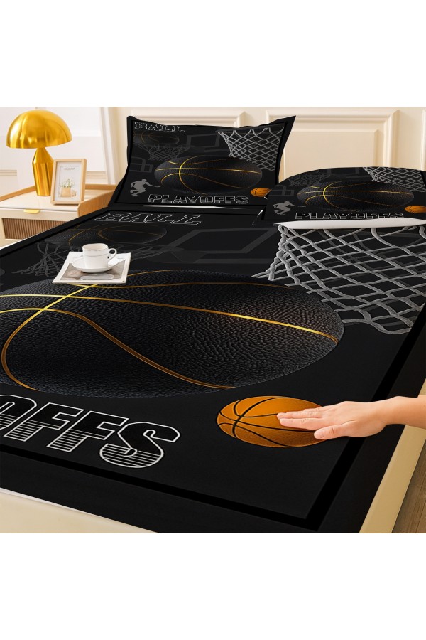 Basketbol Desenli Lastikli Çift Kişilik Çarşaf Takımı Yastık Kılıflı 160x200cm