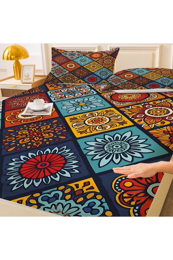 Renkli Karolar Etnik Desenli Lastikli Çift Kişilik Çarşaf Takımı Yastık Kılıflı 160x200cm Renkli Karolar Etnik Desenli Lastikli Çift Kişilik Çarşaf Takımı Yastık Kılıflı 160x200cm