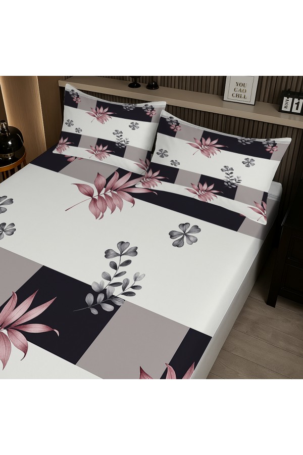 Geometrik Çiçek Desenli Lastikli Çift Kişilik Çarşaf Takımı Yastık Kılıflı 160x200cm