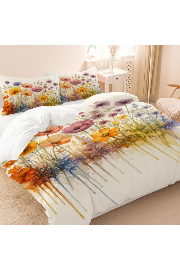 Suluboya Çiçekler Desenli Pamuk Saten Çift Kişilik Nevresim Takımı 200x220cm Suluboya Çiçekler Desenli Pamuk Saten Çift Kişilik Nevresim Takımı 200x220cm