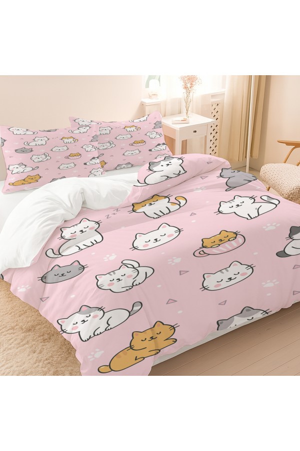 Pembe Sevimli Kediler Desenli Pamuk Saten Çift Kişilik Nevresim Takımı 200x220cm Pembe Sevimli Kediler Desenli Pamuk Saten Çift Kişilik Nevresim Takımı 200x220cm