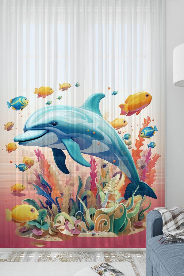 Balıklar Yunus Deniz Desenli Kız Çocuk Odası Tül Perde 140x260cm Balıklar Yunus Deniz Desenli Kız Çocuk Odası Tül Perde 140x260cm