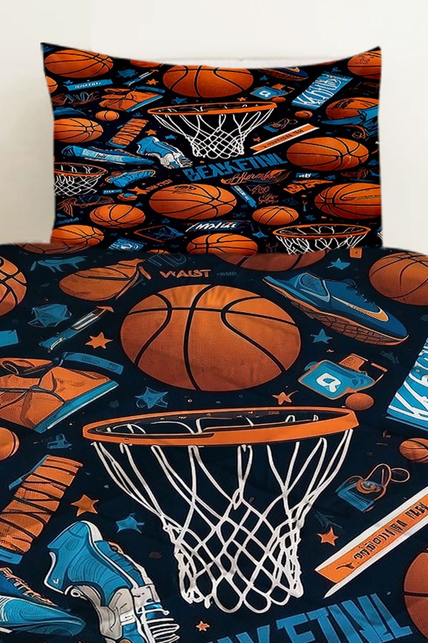 Basketbol Topları Desenli Erkek Çocuk Tek Kişilik Kapitoneli Yorgan Yastık Kılıflı Basketbol Topları Desenli Erkek Çocuk Tek Kişilik Kapitoneli Yorgan Yastık Kılıflı