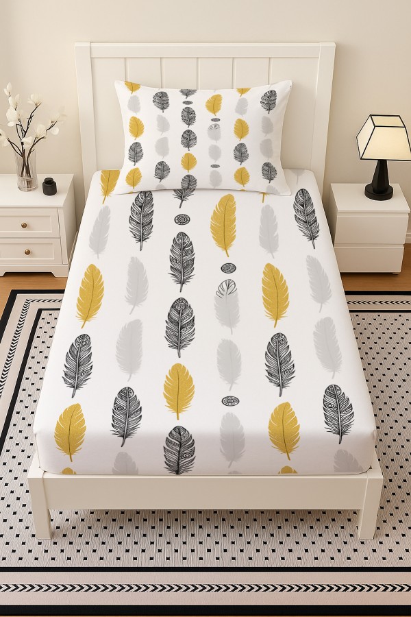 Sarı Gri Etnik Tüyler Desenli Lastikli Tek Kişilik Çarşaf Takımı Yastık Kılıflı 100x200cm Sarı Gri Etnik Tüyler Desenli Lastikli Tek Kişilik Çarşaf Takımı Yastık Kılıflı 100x200cm