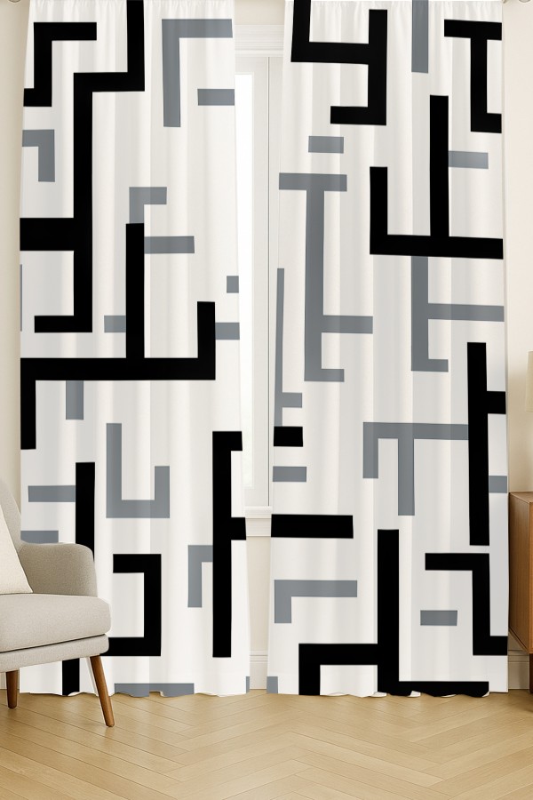 Siyah Gri Geometrik Desenli Çift Kanatlı Fon Perde Süet Oturma Odası Salon Mutfak 140x260cm