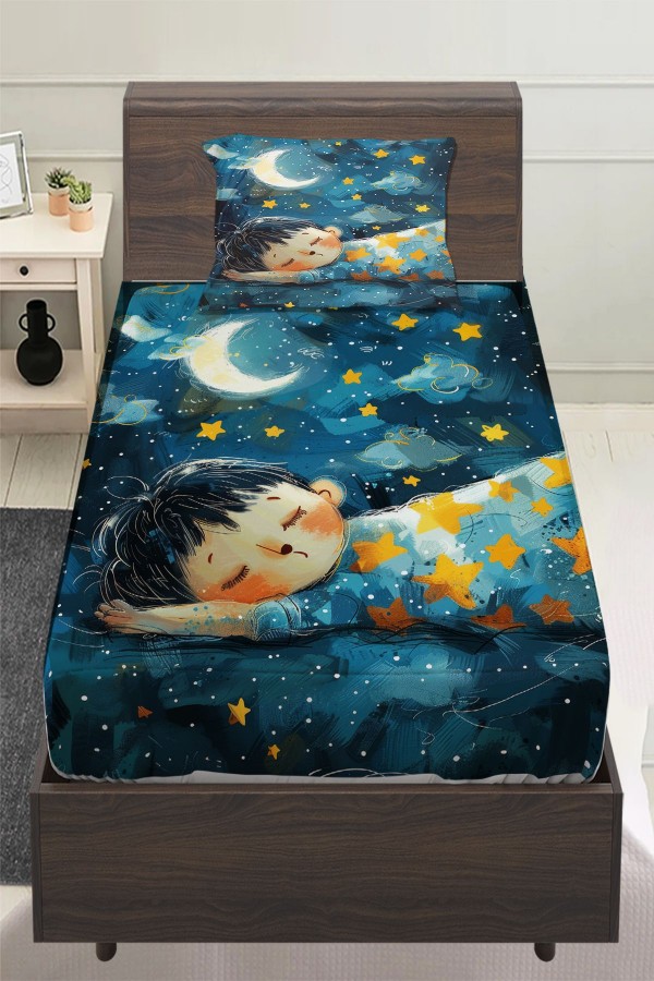 Mavi Sarı Ay Uyuyan Çocuk Desenli Erkek Çocuk Tek Kişilik Yastıklı Lastikli Çarşaf Takımı 100x200cm Mavi Sarı Ay Uyuyan Çocuk Desenli Erkek Çocuk Tek Kişilik Yastıklı Lastikli Çarşaf Takımı 100x200cm