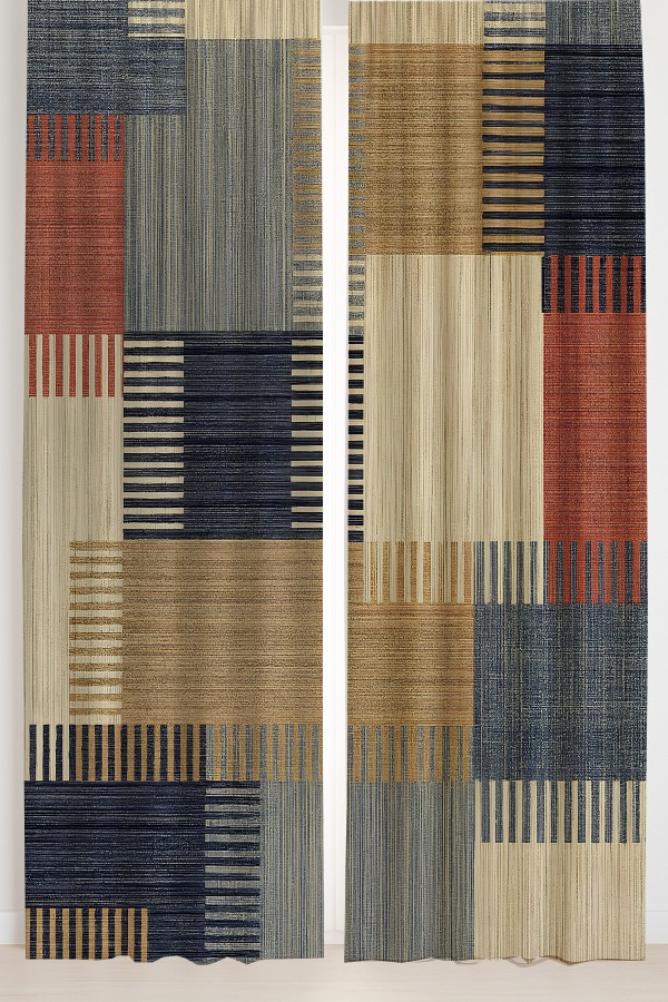 Vintage Geometrik Desenli Çift Kanatlı Fon Perde Süet Oturma Odası Salon Mutfak 140x260cm