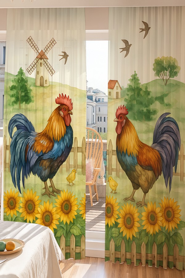 Horoz Çiftlik Desenli Çift Kanatlı Tül Perde Oturma Odası Salon Mutfak 140x260cm
