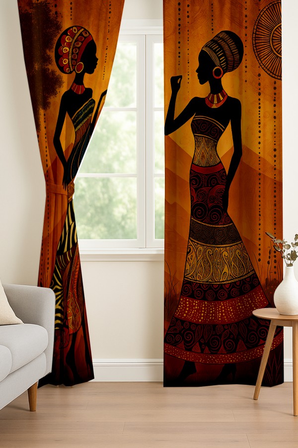 Afrika Etnik Kadın Desenli Çift Kanatlı Fon Perde Süet Oturma Odası Salon Mutfak 140x260cm