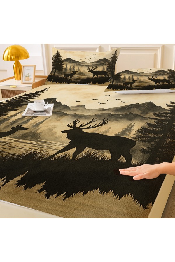 Dağ Manzaralı Geyik Desenli Lastikli Çift Kişilik Çarşaf Takımı Yastık Kılıflı 160x200cm