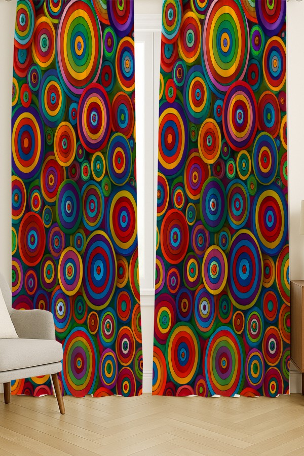 Renkli Retro Halka Desenli Çift Kanatlı Fon Perde Süet Oturma Odası Salon Mutfak 140x260cm