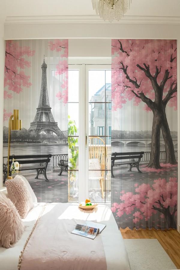 Paris Eyfel Kulesi Pembe Çiçekli Desenli Çift Kanatlı Tül Perde Oturma Odası Salon Mutfak