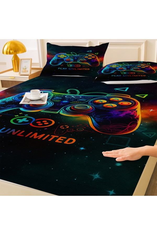 Oyun Konsol Joystick Gamer Desenli Lastikli Çift Kişilik Çarşaf Takımı Yastık Kılıflı 160x200cm