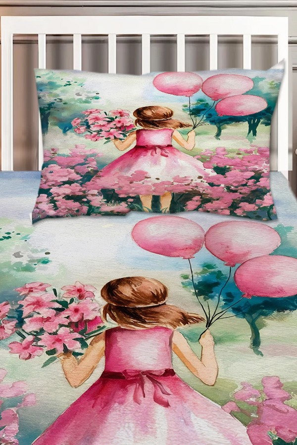 Pembe Balonlu Prenses Kız Desenli Çocuk Tek Kişilik Dekoratif Yatak Örtüsü Yastık Kılıflı Pembe Balonlu Prenses Kız Desenli Çocuk Tek Kişilik Dekoratif Yatak Örtüsü Yastık Kılıflı
